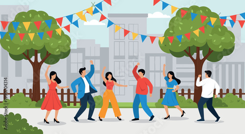 Happy people dancing at outdoor garden party with colorful bunting flags trees and city buildings background for summer festival celebration.
