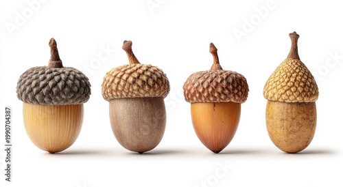 Four distinct acorns lined up in a row, showcasing varied caps and smooth bodies
