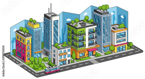 Isometric illustration of a futuristic cityscape with eco-friendly buildings and public transportation