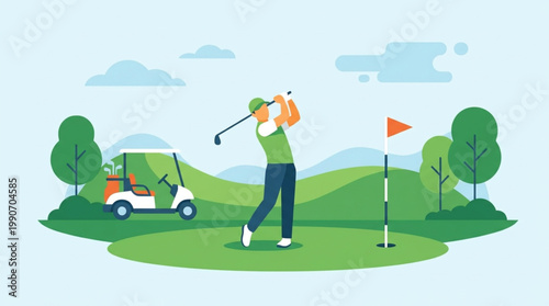 Golfer in green shirt swings golf club on serene golf course with cart and flag
