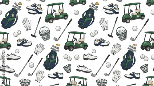 A seamless pattern featuring various golfing icons and accessories on a white background with a playful mood