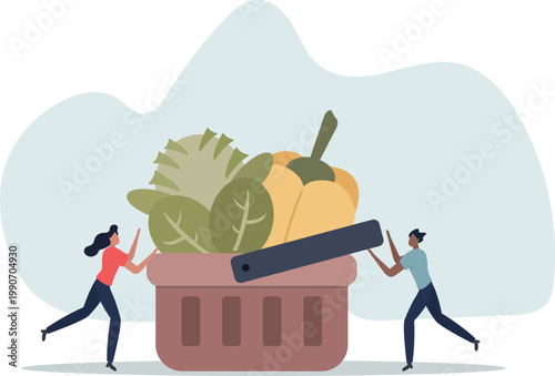 Characters carrying fresh organic vegetables.Vegetarian eating healthy food. Balanced vegan diet concept.cabbage and pepper.person's life situation and his activities.