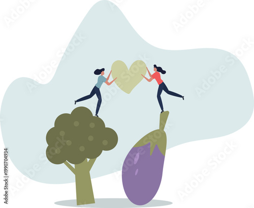 Characters carrying fresh organic vegetables.Vegetarian eating healthy food. Balanced vegan diet concept.broccoli and eggplant.person's life situation and his activities.