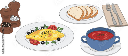Breakfast Food Illustration Set with Omelette, Tomato Soup, Sliced Bread, and Tableware Elements for Restaurant Menu Design, Healthy Eating Concepts, and Culinary Projects