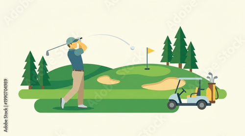 Golfer in blue shirt swings golf club on green course with golf cart and trees