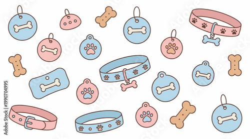 Set of cute dog accessories tags and collars