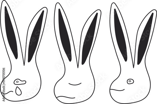 Doodle Style Rabbit Emotions Set with Sad Melancholy and Content Mood Expressions.