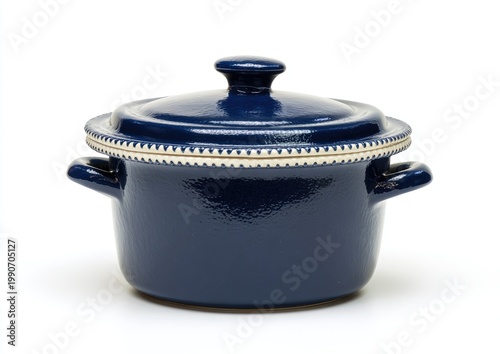 Deep navy blue pot with lid, white trim, and ear handles on white