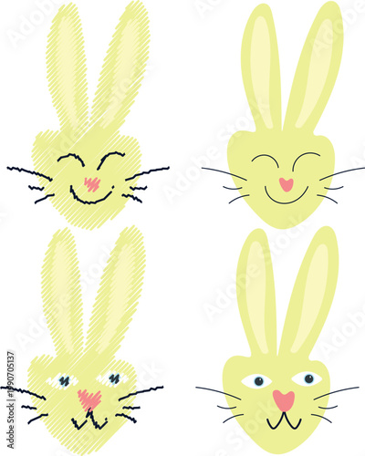 Cute Rabbit Doodle Set with Joy.Expressive Bunny Doodle Portrait Set.