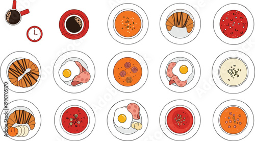 Top View Breakfast Food Set with Various Plates Including Eggs, Bacon, Croissants, Soup, and Coffee for Menu Design, Restaurant Branding, and Food Illustration Projects