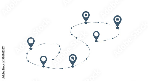 Dotted path connecting multiple dark blue location pins with symbols, isolated white background, complex route