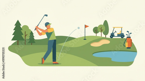 A golfer swings a club on a sunny golf course with a sand trap, pond, and golf cart in the background