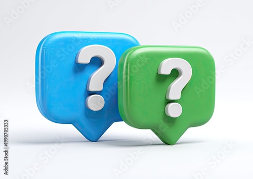 Two 3D speech bubbles, blue and green, with white question marks