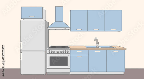 Modern kitchen interior with light blue cabinets, refrigerator, stove, sink, on light cream background