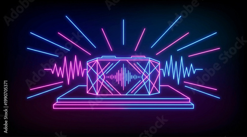 Neon glowing music box with audio sound waves