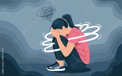 Deeply troubled woman covers her face while sitting, overwhelmed by spinning thoughts and inner chaos and anxiety