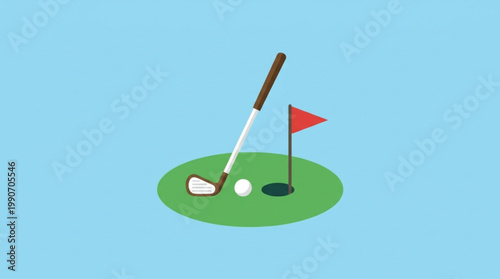 Illustration of a golf club, ball, and flag on a green putting hole with a light blue background