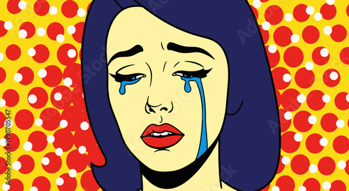 Expressive Pop Art Woman Crying with Blue Tears, her face full of emotion on a vibrant halftone background