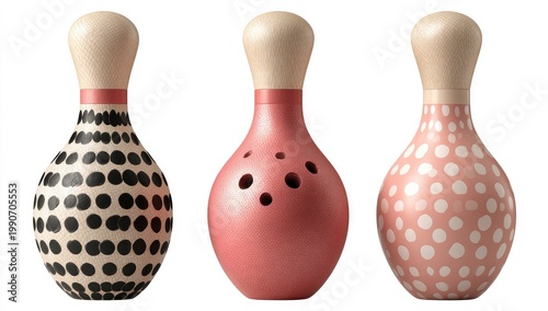 Three wooden bowling pins with patterned designs against a white background