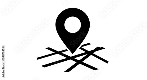 Black Map Pin Icon on a Stylized Map, indicating a precise location on an isolated white background