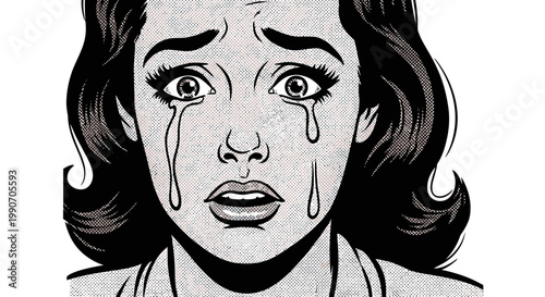 Distraught Woman Crying in Comic Book Style, her face expressing deep sorrow in a bright studio