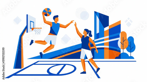 Abstract flat illustration of basketball players in action