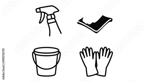 Cleaning Essentials: A simple, minimalist illustration showcases the essential tools for a spotless home, promoting cleanliness and hygiene.