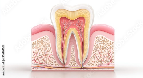 Anatomical cross-section of a healthy tooth showing enamel, dentin, pulp, and root structures