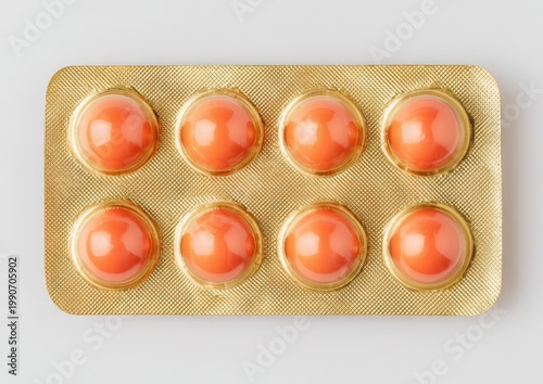 Blister pack with eight round, orange pills against white background