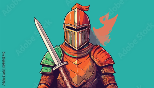 Illustration of a Knight in Armor with Sword on Turquoise Background.
