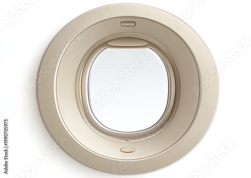 Circular, recessed window with beige frame, reflecting light