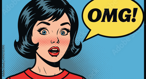 Pop Art Woman with Shocked Expression and "OMG!" Speech Bubble.