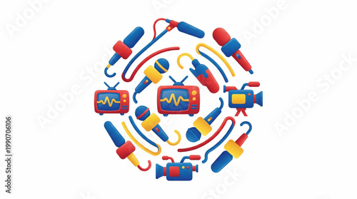 Broadcast media equipment icons arranged in a circular composition