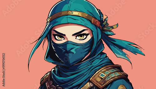 Intense Gaze of a Female Ninja Warrior in Teal Attire.