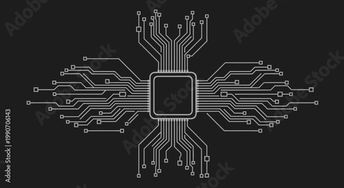 Microchip Processor with Electronic Circuit Lines on Black Background