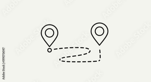 Simple dotted line path connecting two location pin markers, illustrating a short route or travel on a bright studio background.