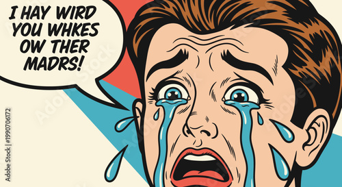 Pop art illustration of a crying man with tears and a speech bubble, depicting intense sadness and emotional distress.