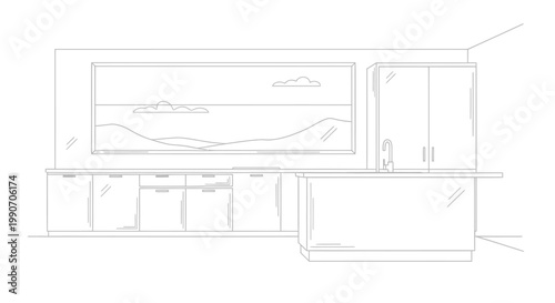 Outline drawing of a modern kitchen interior with cabinets, sink, and window, illustrating contemporary home design on an isolated white background.