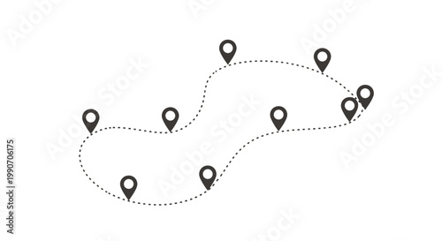 Winding dotted line path with multiple location pin markers, illustrating a journey or travel plan on a bright studio background.