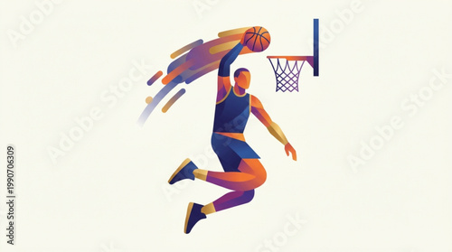 A dynamic illustration of two male basketball players competing in a slam dunk with a vibrant color palette on a white background