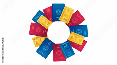 Abstract circular composition of colorful identity documents or credentials
