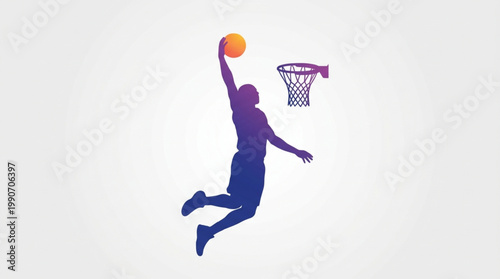 A purple silhouette of a man dunking a basketball into a hoop on a clean white background with a dynamic mood