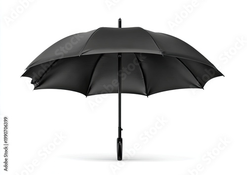 A black umbrella, fully open with its spokes extended against a white background