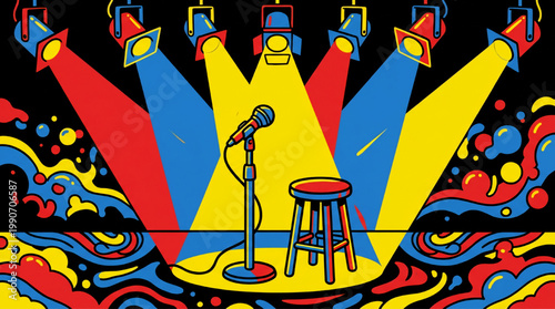 Comedy club stage with microphone and stool in colorful pop art style