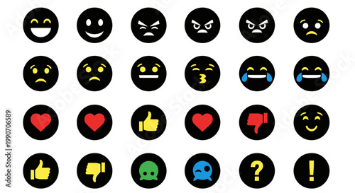 Set of Colorful Emoji Icons Vector Illustration Featuring Various Facial Expressions and Social Media Symbols for Digital Communication and UI Design Elements