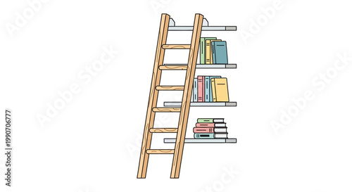 Wooden Ladder Leaning on Bookshelf.
