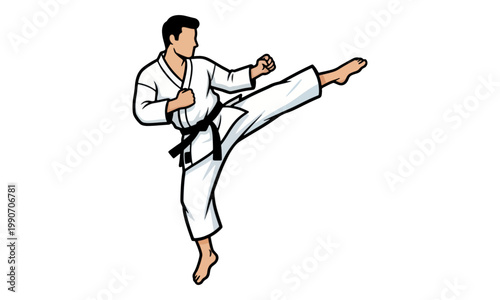 Martial Artist Performing High Kick in Karate Uniform Vector