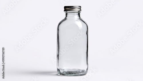 Clear glass bottle with metallic lid on white background. Container