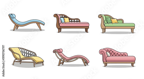 Collection of colorful chaise lounges furniture.