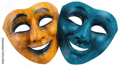 Two expressive theatrical masks, one gold, one teal, on white